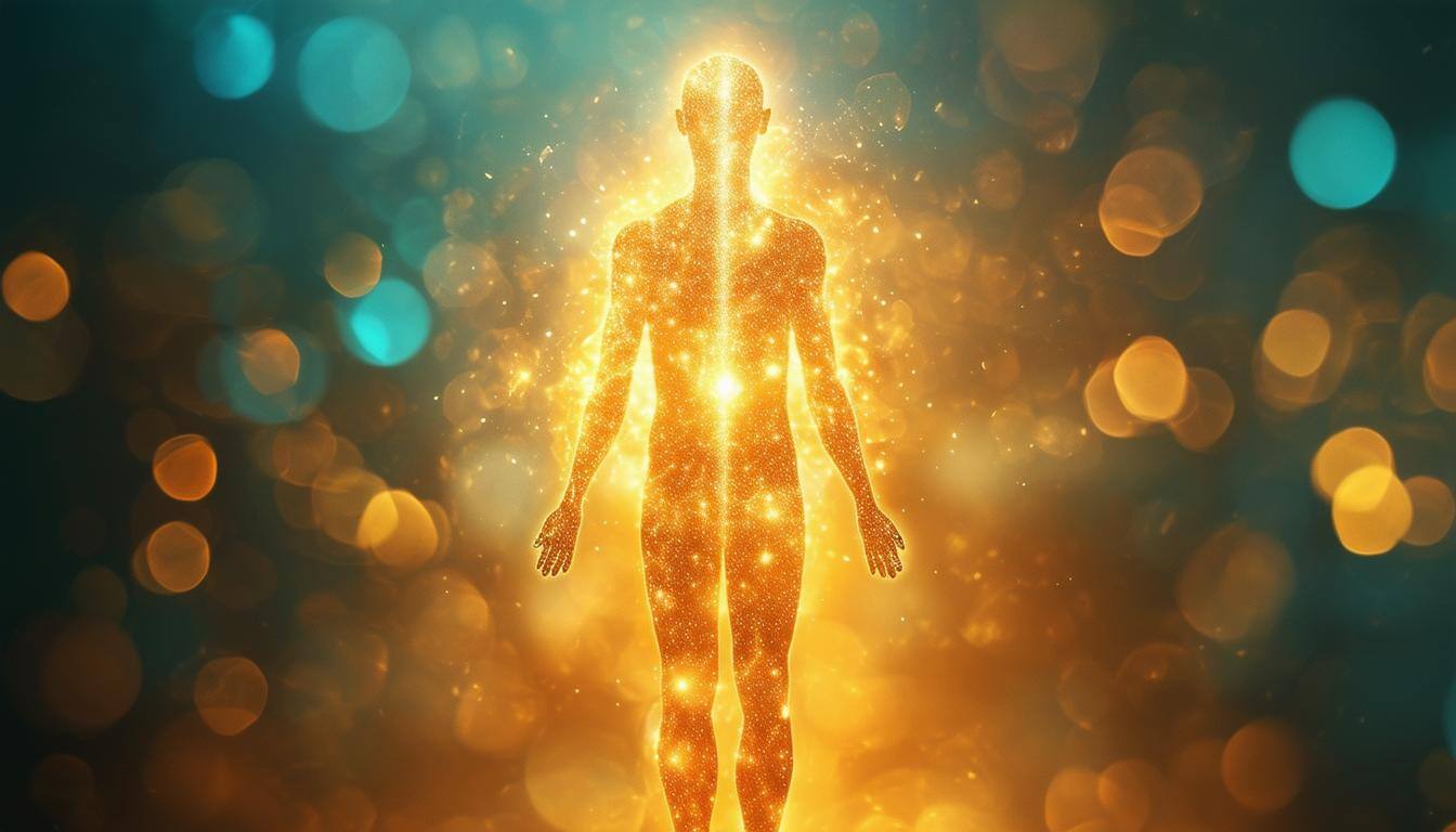 A photorealistic image of a human figure glowing with vibrant energy, with distinct luminous elements symbolizing mind, body, and spirit