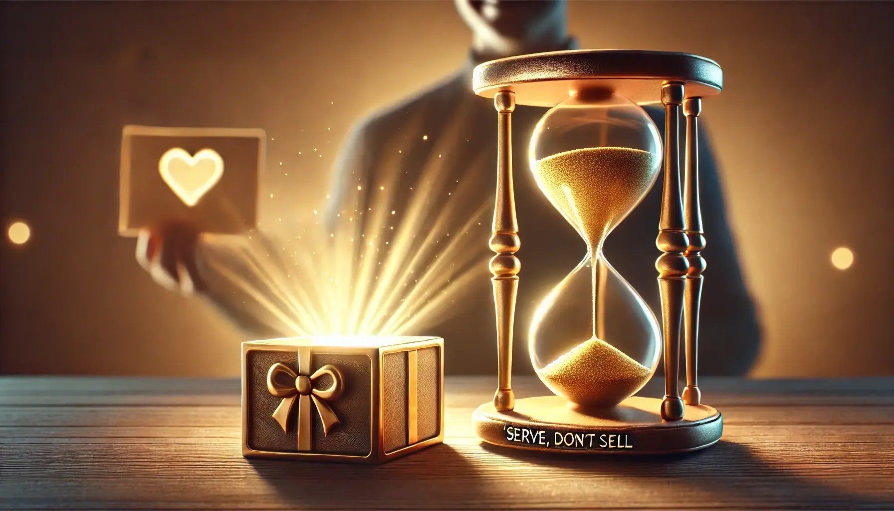 DALL·E 2025-01-28 15.19.43 - A photorealistic image with professional lighting representing Serve, Don’t Sell in marketing. The scene features an elegant hourglass with golden s